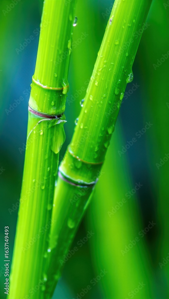 Fototapeta premium Close up of vibrant green bamboo stalks with water droplets