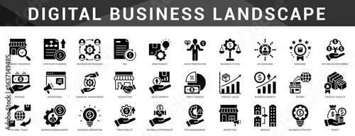 Essential digital business icons from ecommerce to automation and analytics, designed for modern tech enabled business operations.