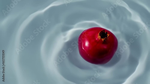 Close-up of a vibrant red pomegranate on a light gray surface with ripples