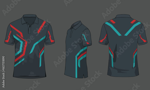 Design Template Of Black Polo Shirt With Red And Teal Stripes Suitable For Teamwear And Sporty Outfits