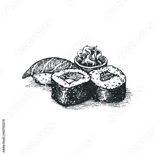 Hand Drawn Sushi Assortment with Ginger