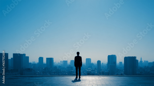 A photo of a man's back as he gazes at the sun on the roof of a building under the blue morning sky, symbolizing the company's vision and philosophy.