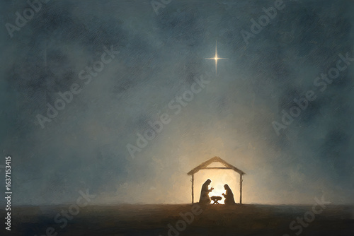 Digital painting of a serene nativity scene featuring Mary, Joseph, and baby Jesus in a simple wooden manger