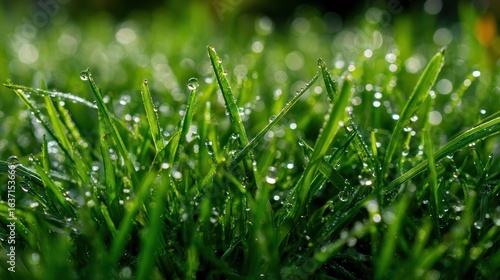 Dew-kissed blades of vibrant green grass. Close-up view of morning dew drops clinging to blades
