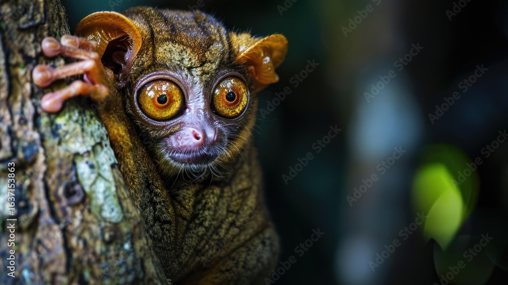 Fototapeta premium Close-up of a Tarsier clinging to a tree