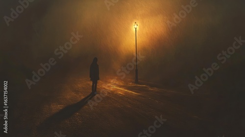 Foggy night street scene, solitary figure standing under lamppost, mystery ambiance