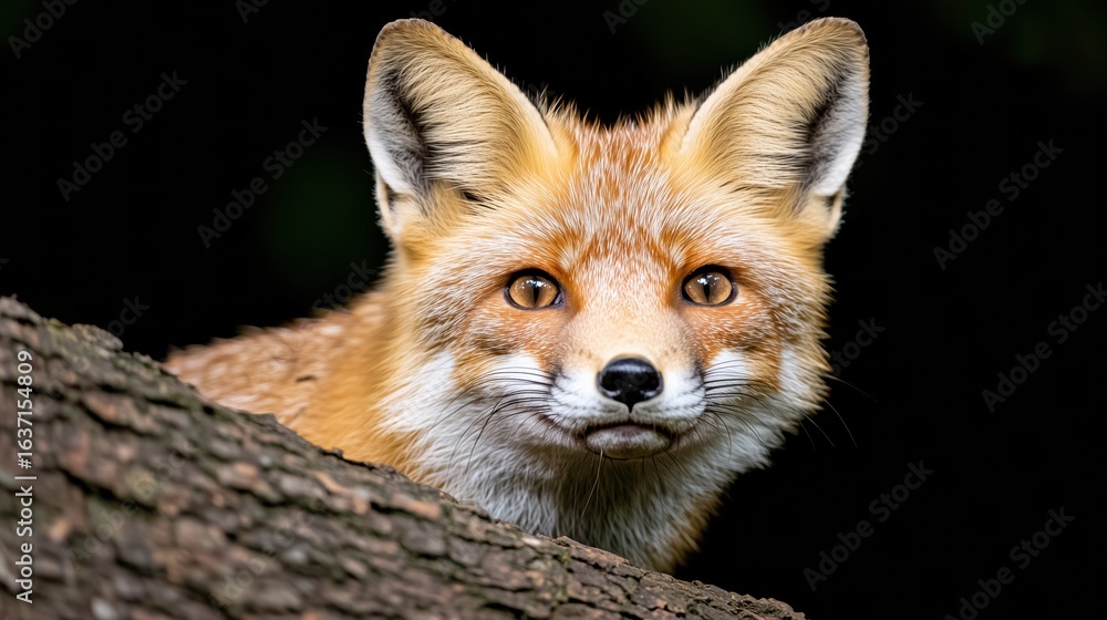 Fototapeta premium Portrait of a red fox standing on a tree in a forest at night