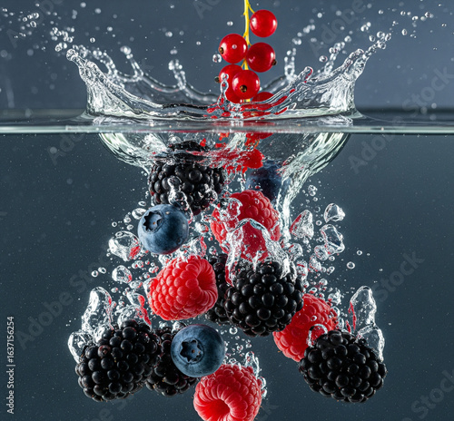 Fresh ripe red strawberries falling into clear water creating a beautiful splash
