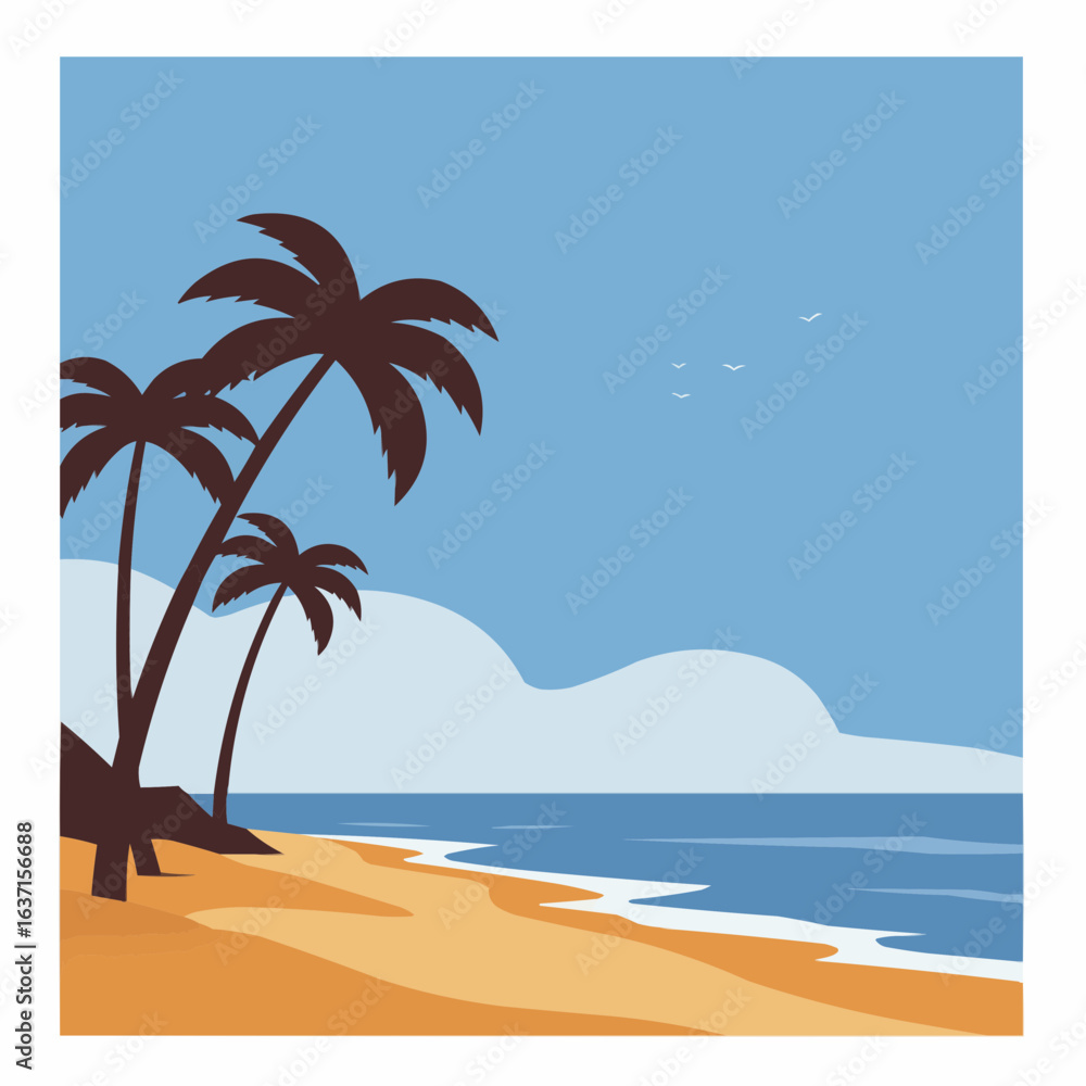 Obraz premium Vector Illustration of a Beach Scene with Palm Trees and Clouds