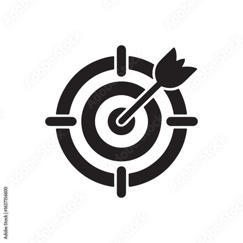 Target icon with arrow hitting bullseye in center on white background illustration