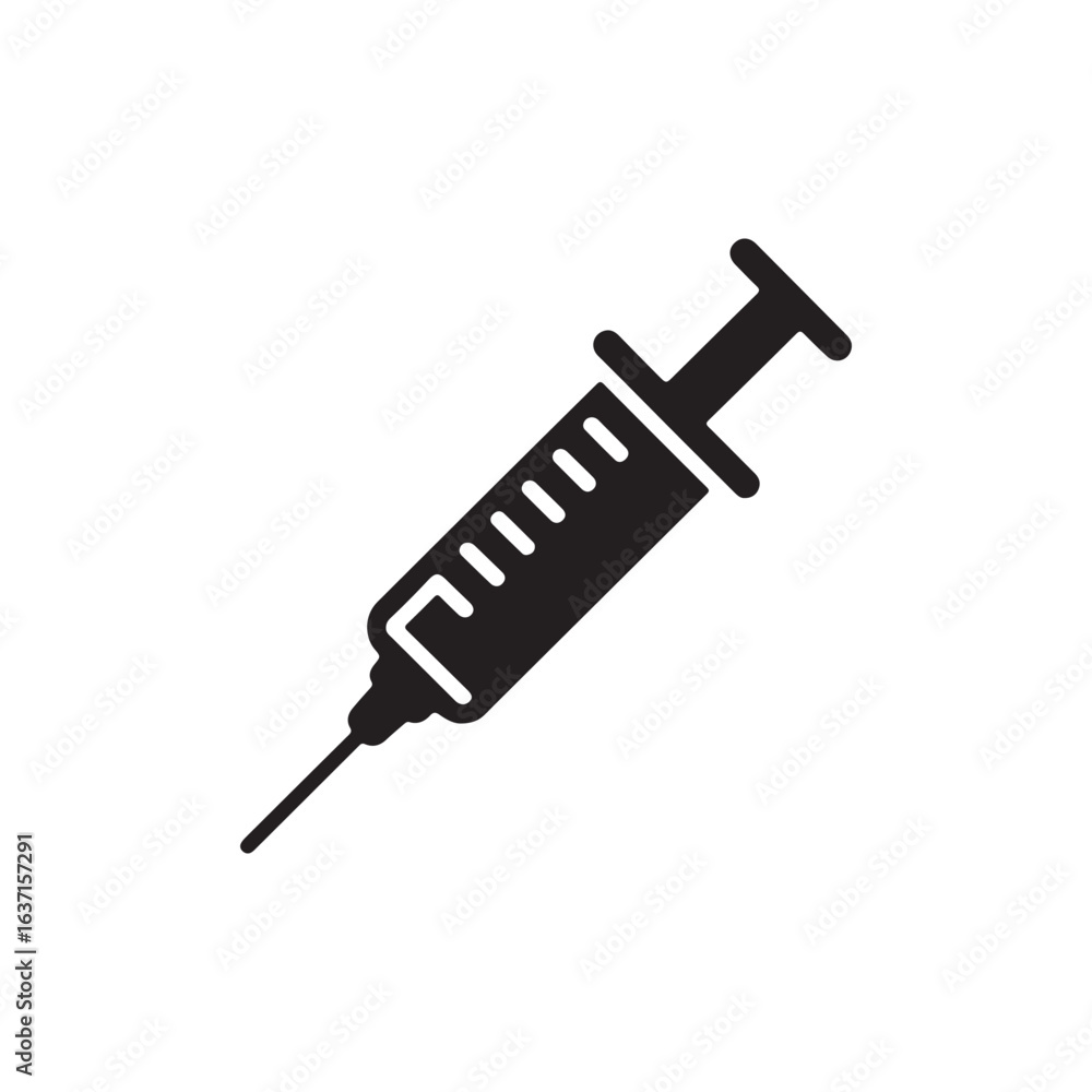 Black syringe icon with needle for medical injection or vaccination on white Black syringe icon with needle for medical injection or vaccination on white