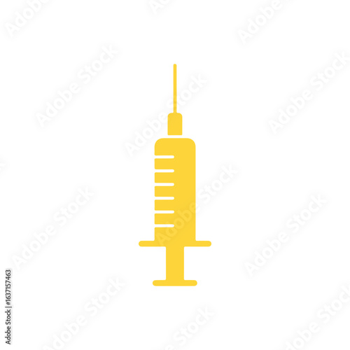Yellow medical injection needle icon on white background for vaccination concept design