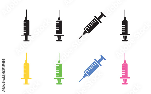 Medical syringe icons set, colorful vaccine injection needle illustration on white background