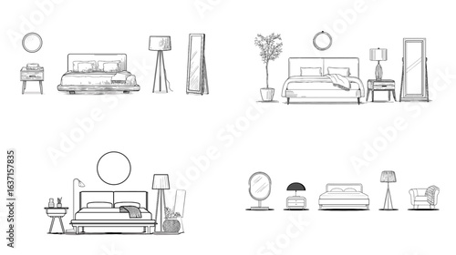 Minimalist line art illustration of bedroom interiors with beds, lamps, mirrors, and plants, perfect for modern home decor and furniture design concepts.