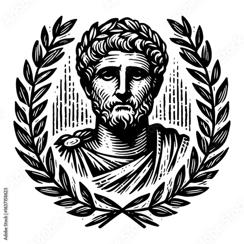 Ancient Roman Greek Emperor Bust Laurel Wreath Black and White Outline Line Art Drawing Vintage Engraved Style