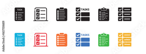 Task list icons set, clipboard, assignments, check marks in multiple colors on white background
