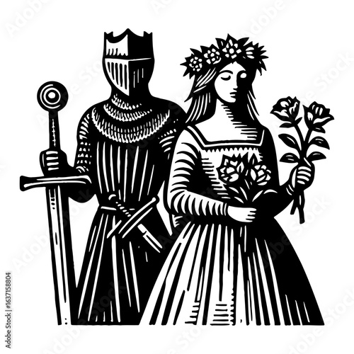 Medieval Knight in Armor and Maiden with Flowers Black and White Outline Line Art Drawing Vintage Woodcut Engraving Style