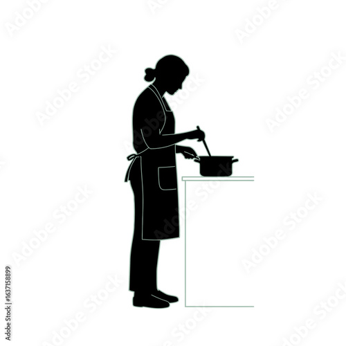 A silhouette of a woman wearing an apron, standing and stirring food in a pot on a counter.