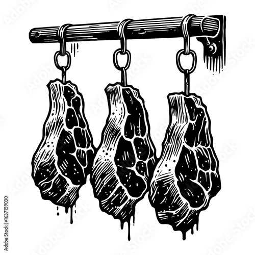 Vintage Style Three Cuts of Fresh Meat Hanging on Hooks from a Horizontal Bar Black and White Outline Line Art Drawing