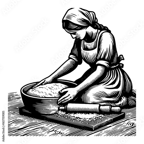 Traditional Woman Kneading Dough in a Large Bowl with Rolling Pin Black and White Outline Line Art Drawing