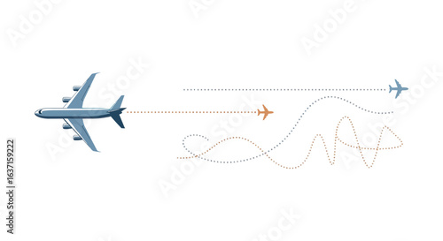 Illustration depicting an airplane in flight, with flight paths and other aircraft.