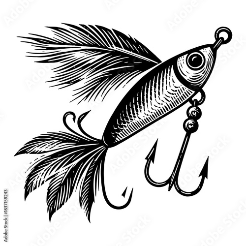 Vintage Fishing Lure Fish Bait with Feathers and Hooks Black and White Outline Line Art Drawing