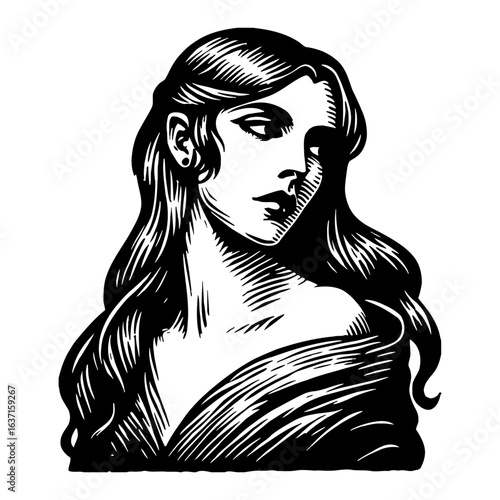 Beautiful Woman Portrait with Flowing Hair Looking Aside in Vintage Black and White Outline Line Art Drawing Style