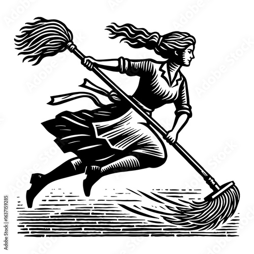 Energetic Maid Woman Running Fast with Mop Cleaning Black and White Outline Line Art Drawing Vector