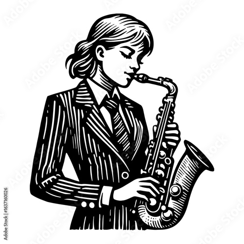 Woman Playing Saxophone in Pinstripe Suit Black and White Outline Line Art Drawing Vintage Style