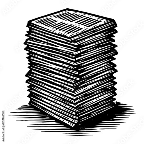 Black and White Outline Line Art Drawing Stack of Papers Documents Pile for Business Work Office Vintage Style Graphic