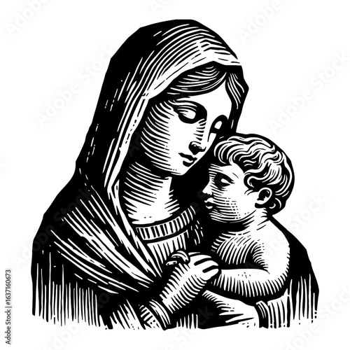 Religious Christian Virgin Mary Holding Baby Jesus Classic Black and White Outline Line Art Drawing