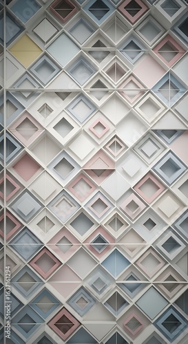 Abstract 3D Geometric Pattern with Pastel Diamonds and Squares on a Wall
