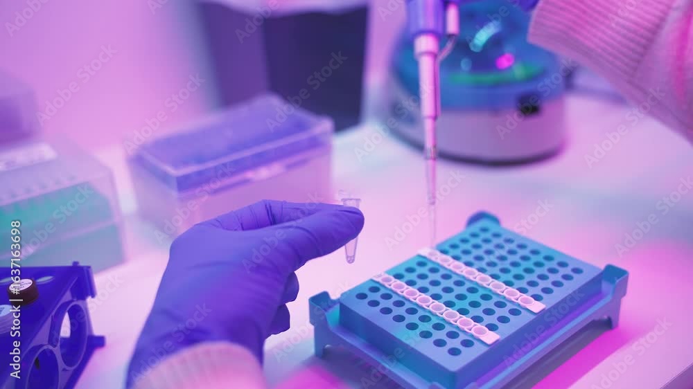 Mano con guantes usando pipeta en tubos de ensayos.