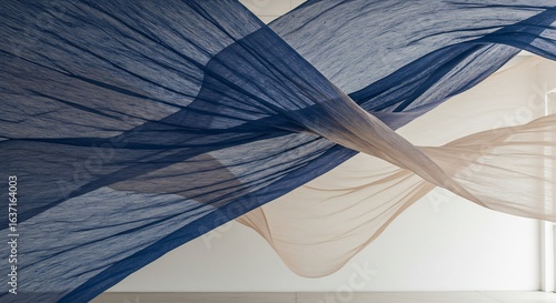 柔らかな光漂う、青とベージュの布、美しく舞う. AI Generated