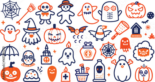 Hand Drawn Halloween Icons with Pumpkins Ghosts Spiders and Haunted Houses in Orange and Blue doodle