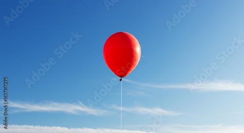 青空高く舞い上がる鮮やかな赤風船 穏やかな光輝く. AI Generated