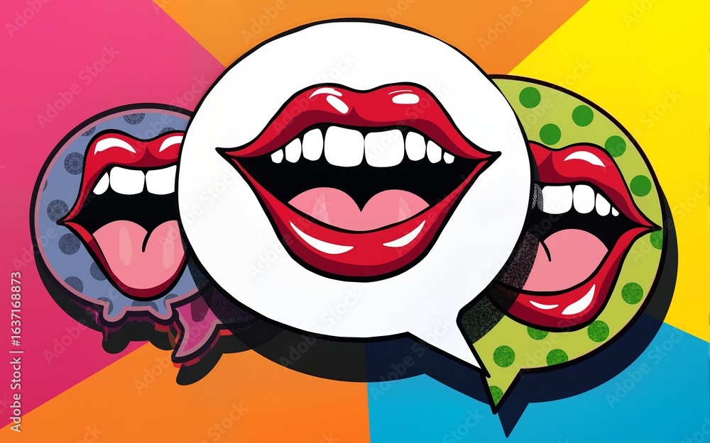 Obraz premium Pop art collage of expressive mouths and speech bubbles on colorful background. High quality