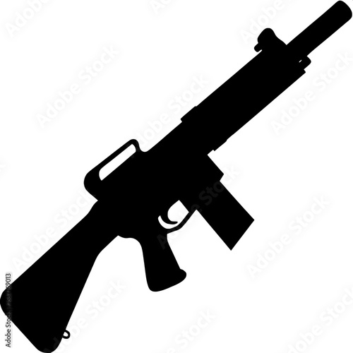"A clean black silhouette of a scoped assault rifle in side profile, centered against a pure white background, with crisp details of the stock, grip, and barrel."