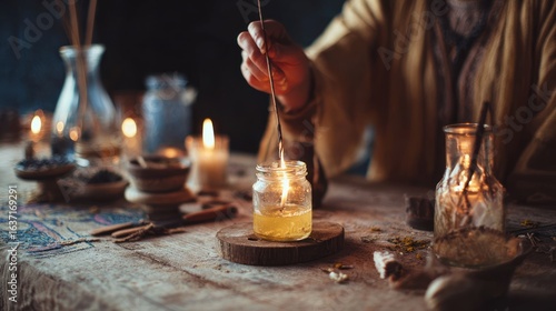Person lights a stick over a liquid-filled jar, surrounded by candles and herbs on a table