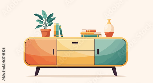 Retro sideboard with plant, books, and vase showcasing home decor elements