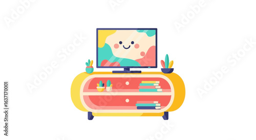 Whimsical living room decor with colorful cartoon TV and accessories