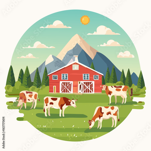 放牧される牛の畜産農業ベクターイラスト