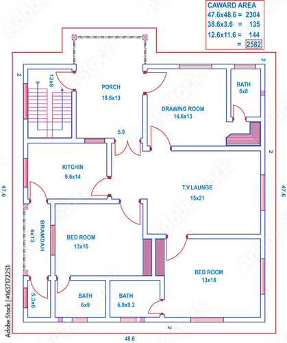 Modern house floor plan blueprint vector with porch, bedrooms, kitchen, bathrooms, labeled measurements, and total building area dimensions.65x47