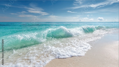 Tranquil Ocean Waves Gently Lapping on Sandy Beach Under Bright Blue Sky with Soft Clouds
