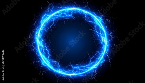 Blue thunder bolt light and electric energy discharge in form of circle on black back 
