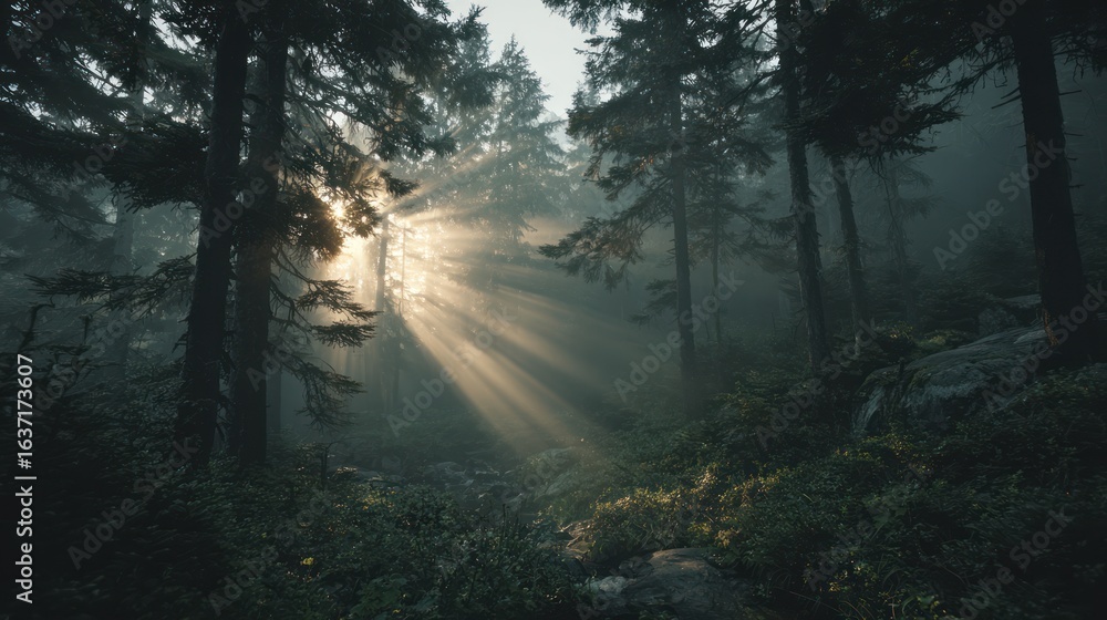 Obraz premium Sunbeams piercing a misty forest