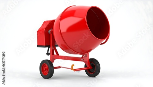 Bright Red Cement Mixer on White Background, Construction Equipment