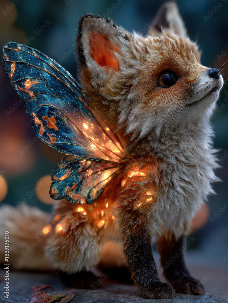 Obraz premium Photorealistic fantasy fox with glowing fur and butterfly wings, standing in a magical forest. Bright and colorful details in a high-resolution composition.