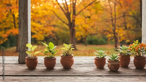 Wallpaper Mural Small potted plants on a porch with autumnal background Torontodigital.ca