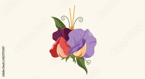 Delicate arrangement of sweet pea flowers with fragrance diffuser sticks